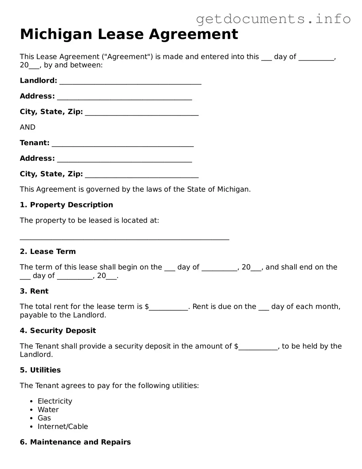 Free  Lease Agreement Template for Michigan