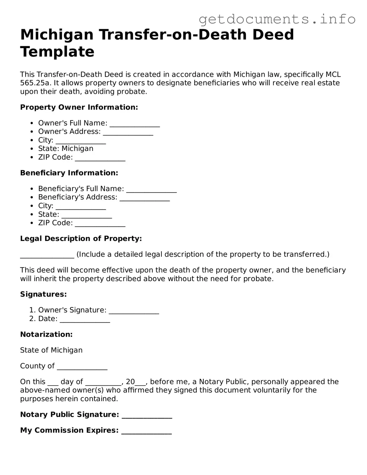 Free Transfer-on-Death Deed Template for Michigan