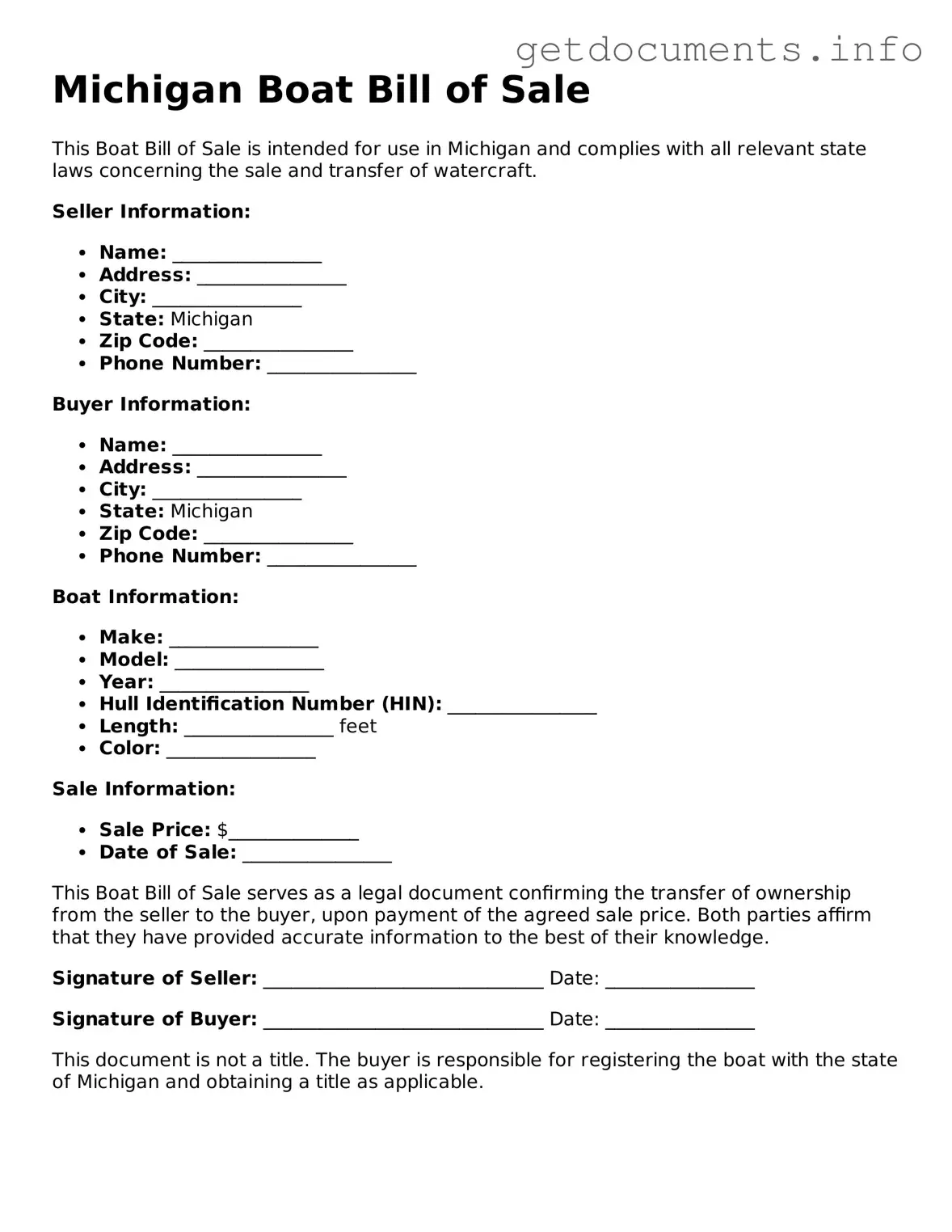 Free Boat Bill of Sale Template for Michigan