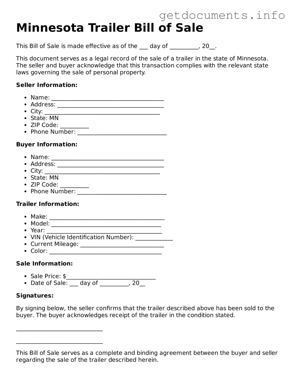 Free  Trailer Bill of Sale Template for Minnesota