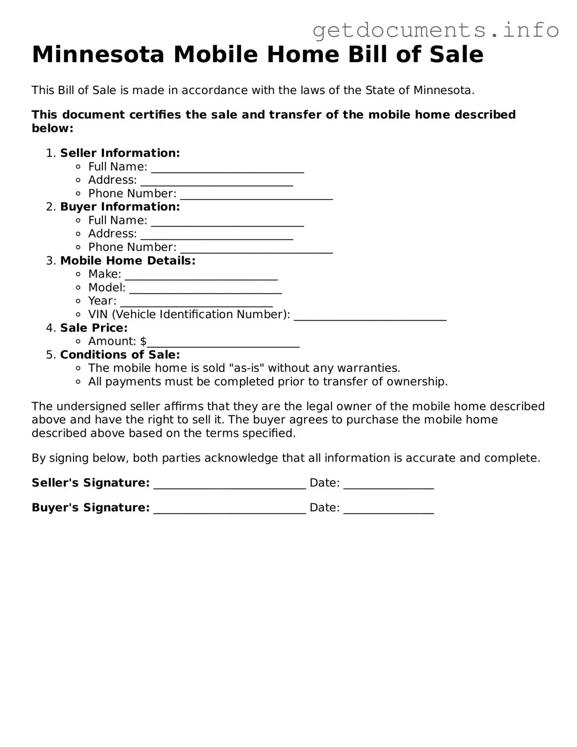 Free Mobile Home Bill of Sale Template for Minnesota