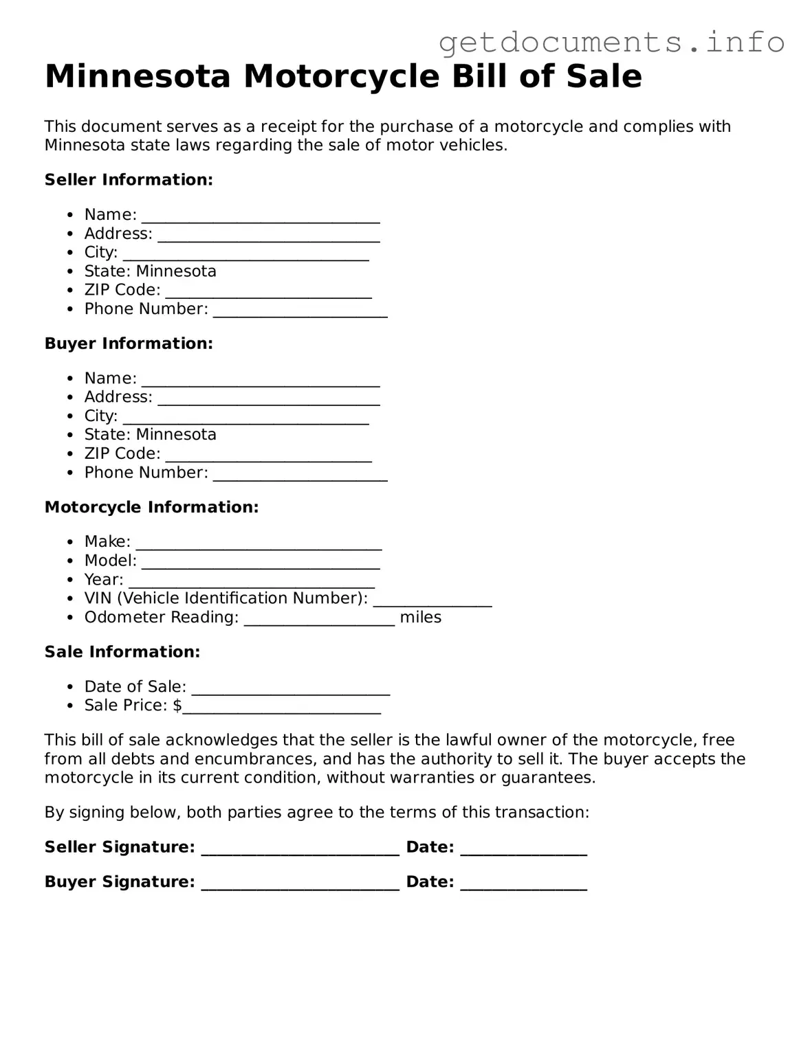 Free  Motorcycle Bill of Sale Template for Minnesota