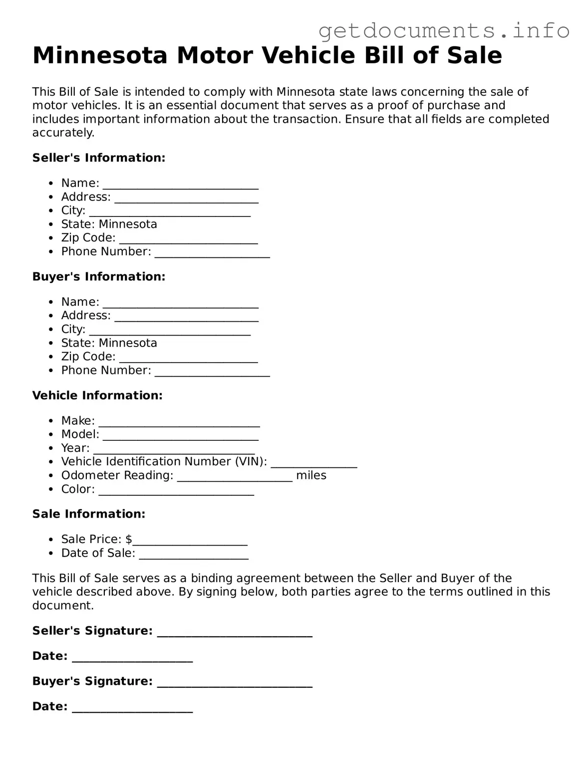 Free Motor Vehicle Bill of Sale Template for Minnesota