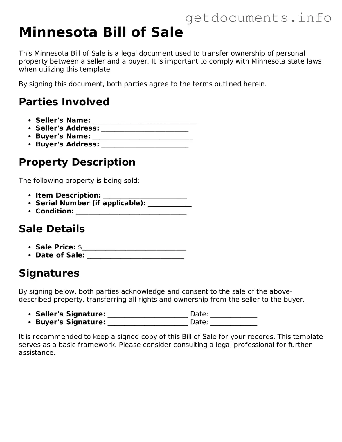 Free Bill of Sale Template for Minnesota