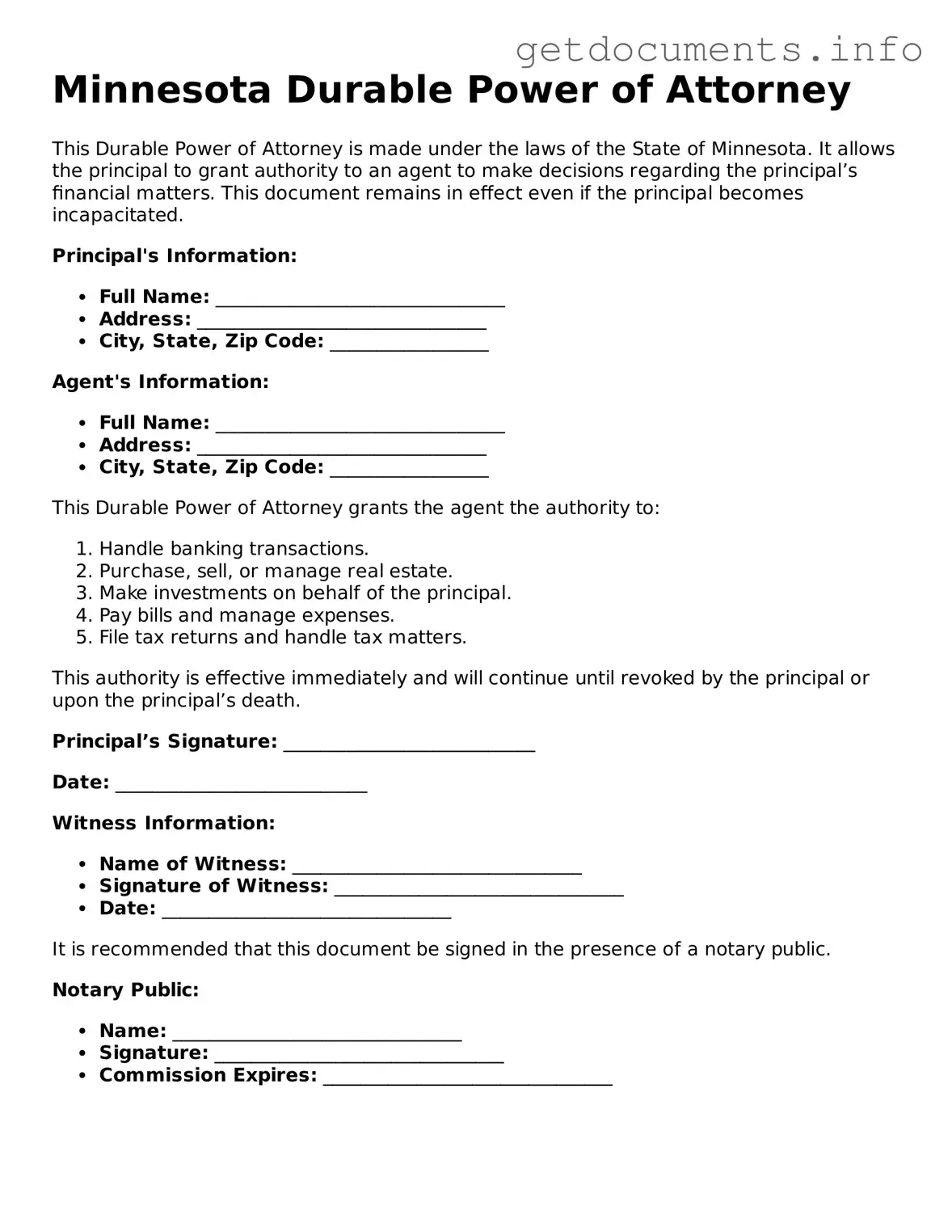 Free  Durable Power of Attorney Template for Minnesota
