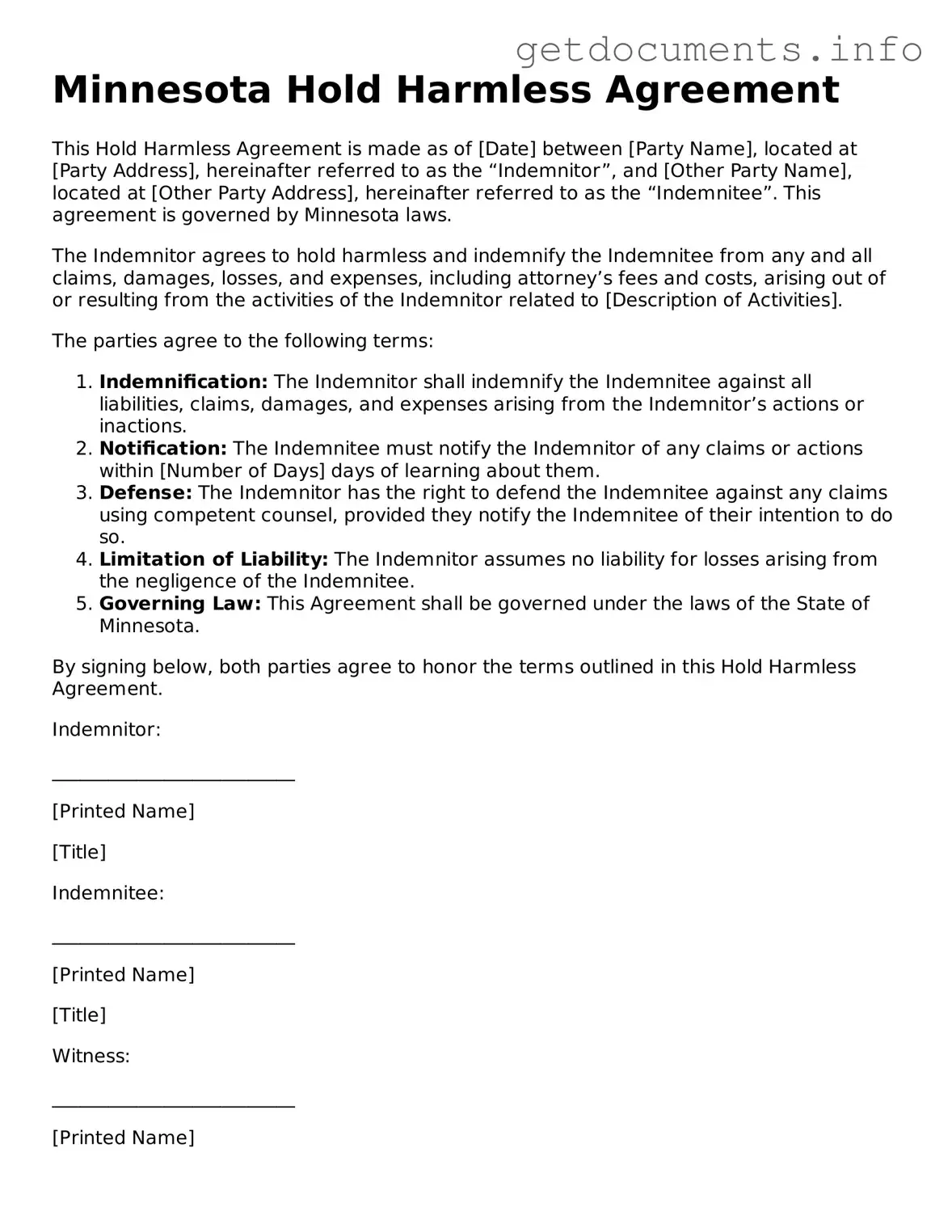 Free Hold Harmless Agreement Template for Minnesota