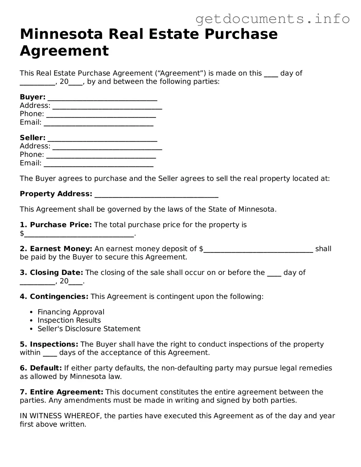 Free Real Estate Purchase Agreement Template for Minnesota