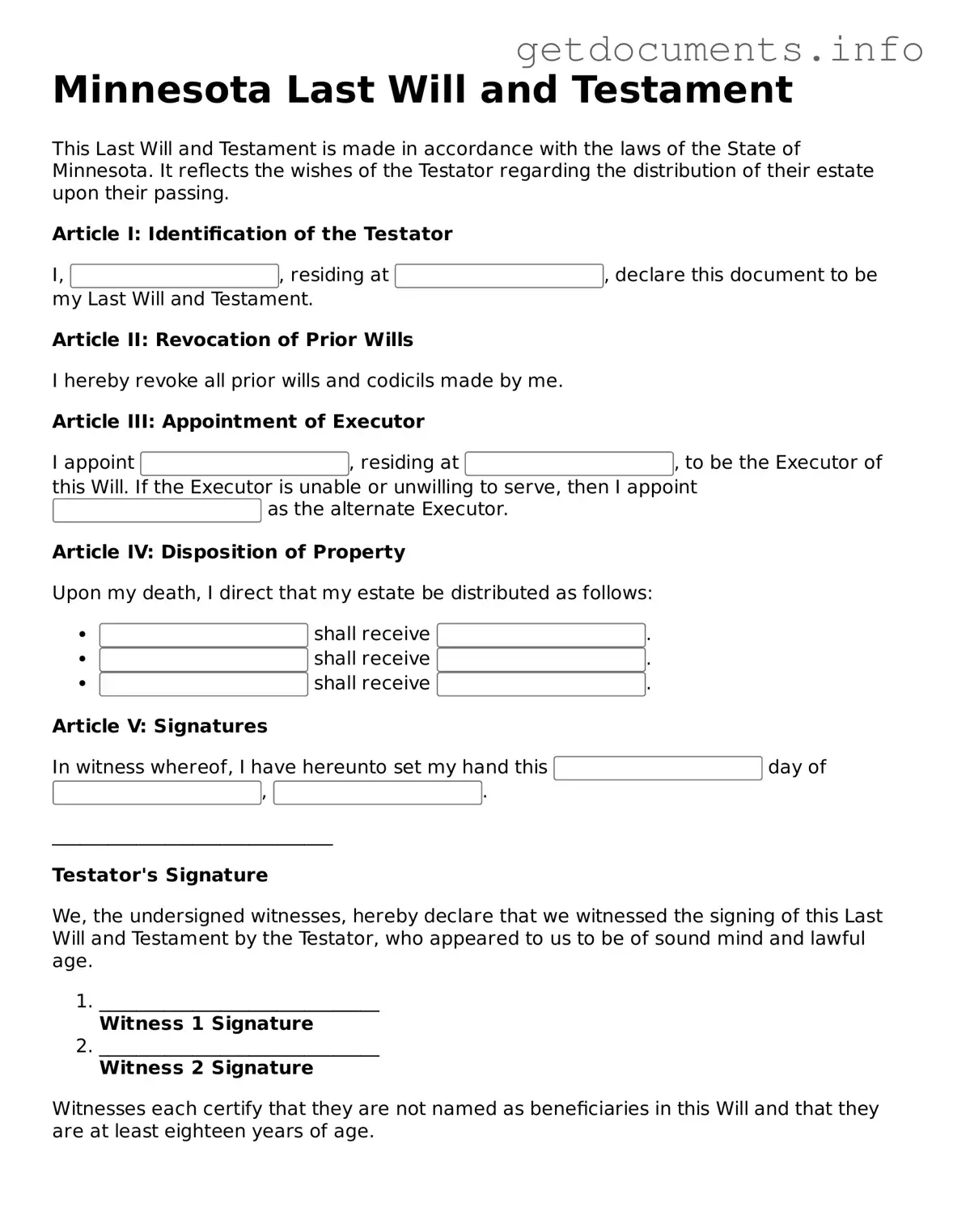 Free  Last Will and Testament Template for Minnesota