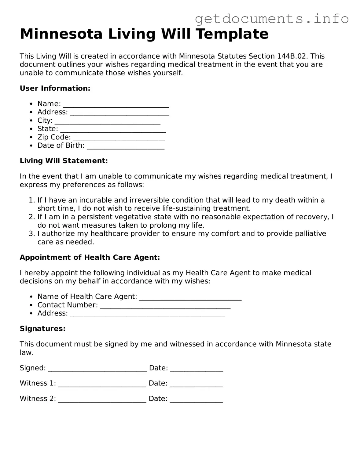 Free  Living Will Template for Minnesota