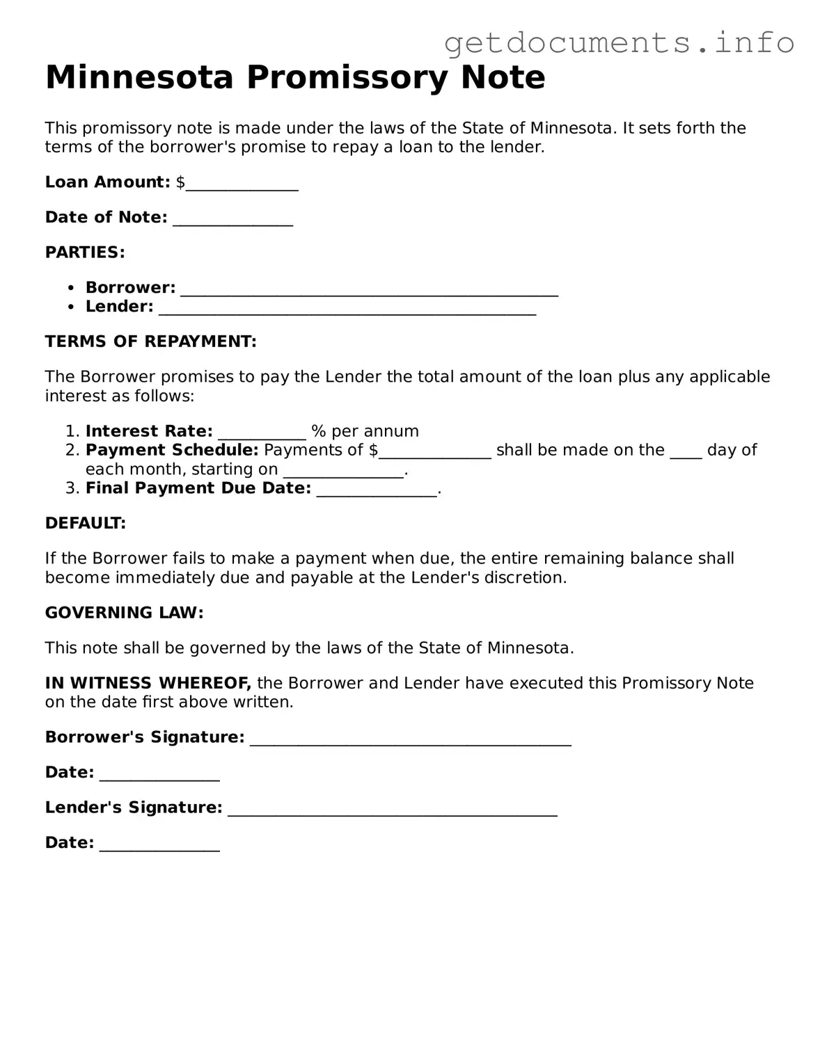 Free Promissory Note Template for Minnesota