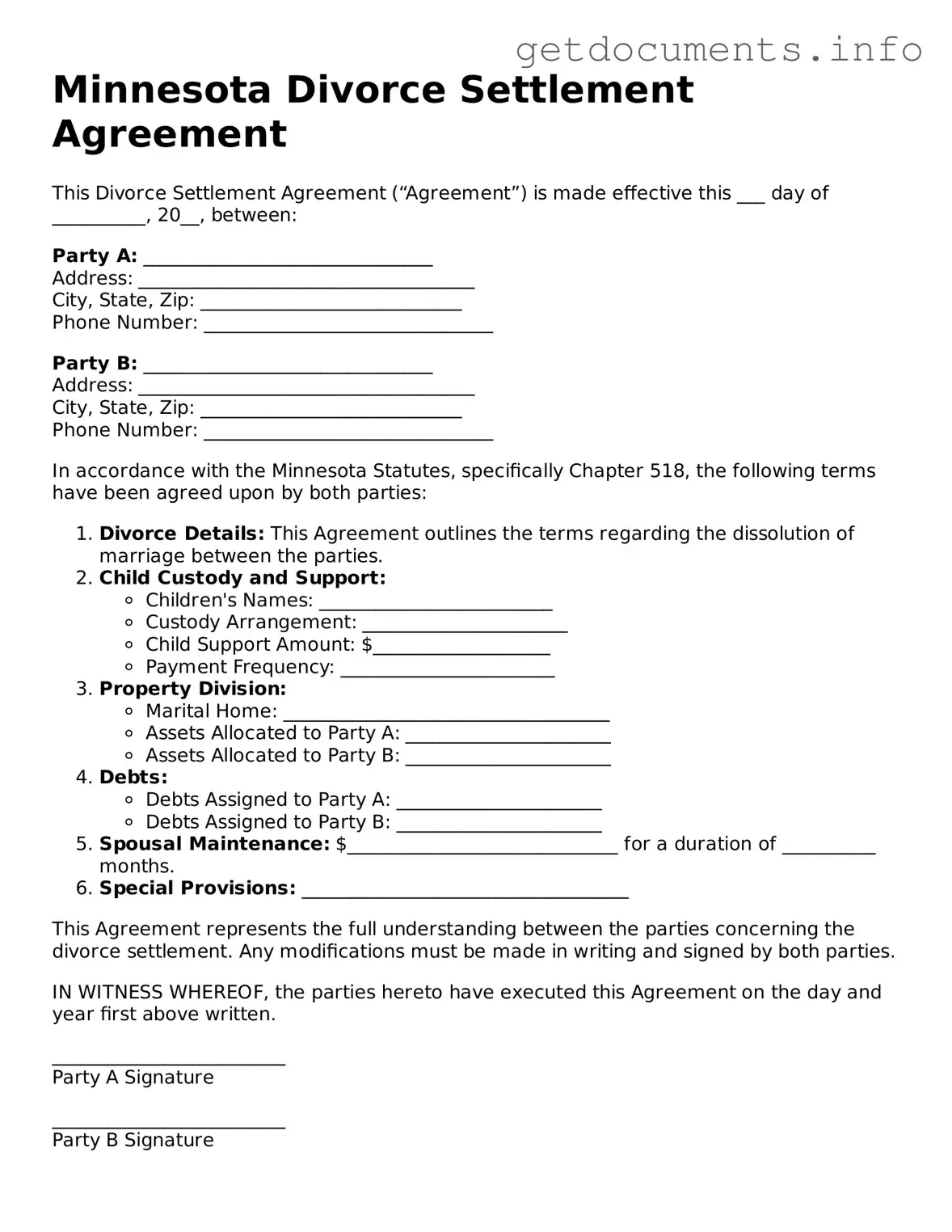 Free Divorce Settlement Agreement Template for Minnesota