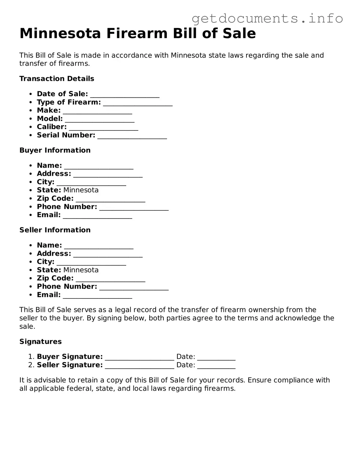 Free Firearm Bill of Sale Template for Minnesota