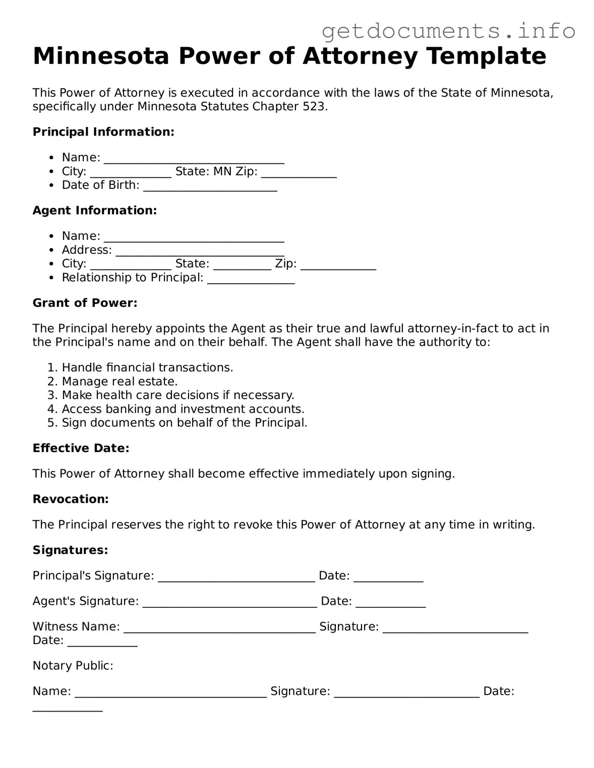 Free  Power of Attorney Template for Minnesota