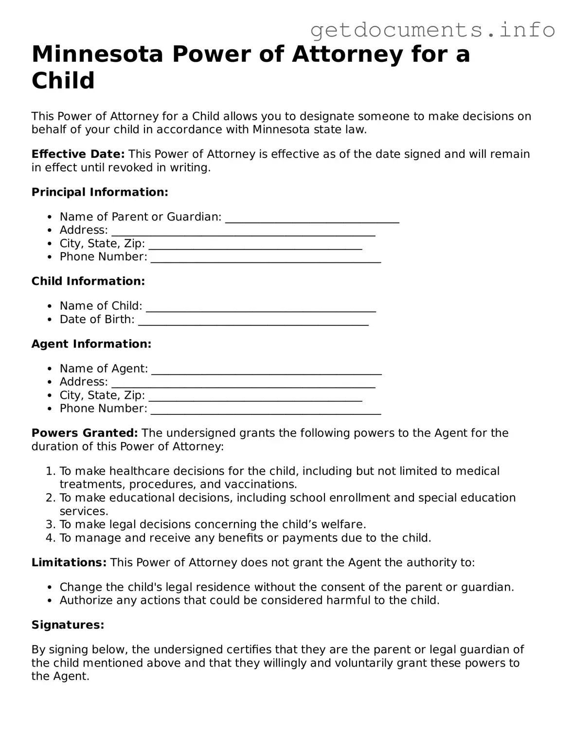 Free Power of Attorney for a Child Template for Minnesota