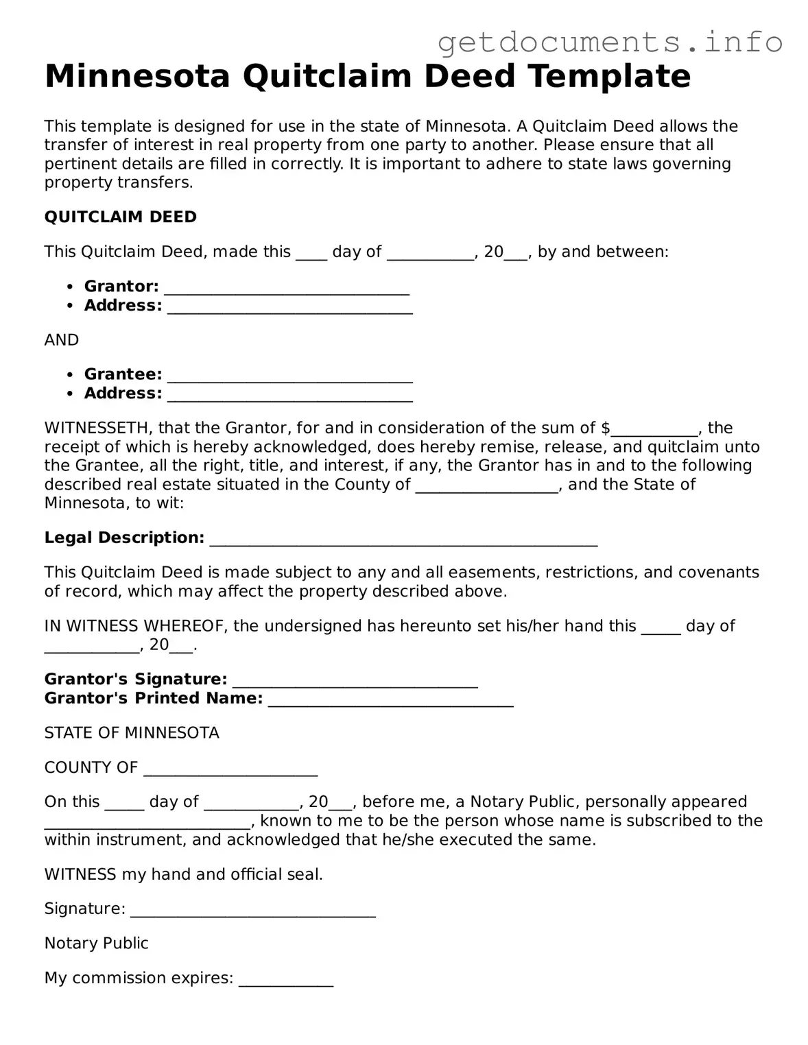 Free  Quitclaim Deed Template for Minnesota