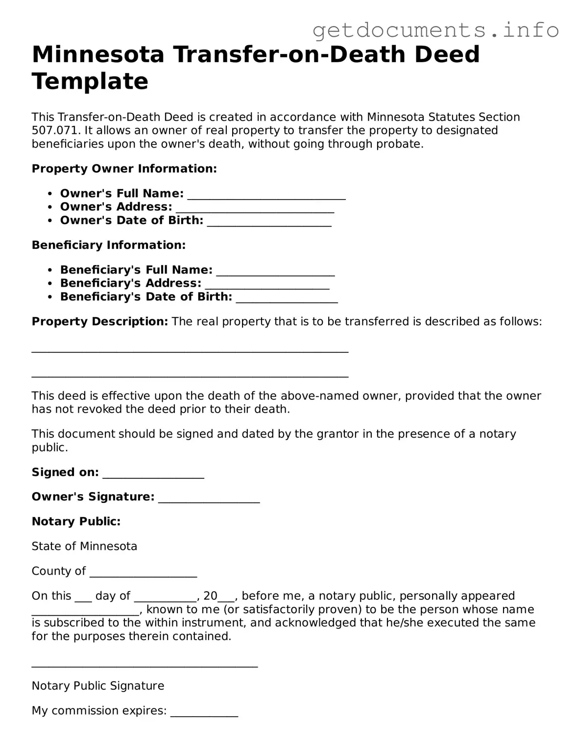 Free Transfer-on-Death Deed Template for Minnesota