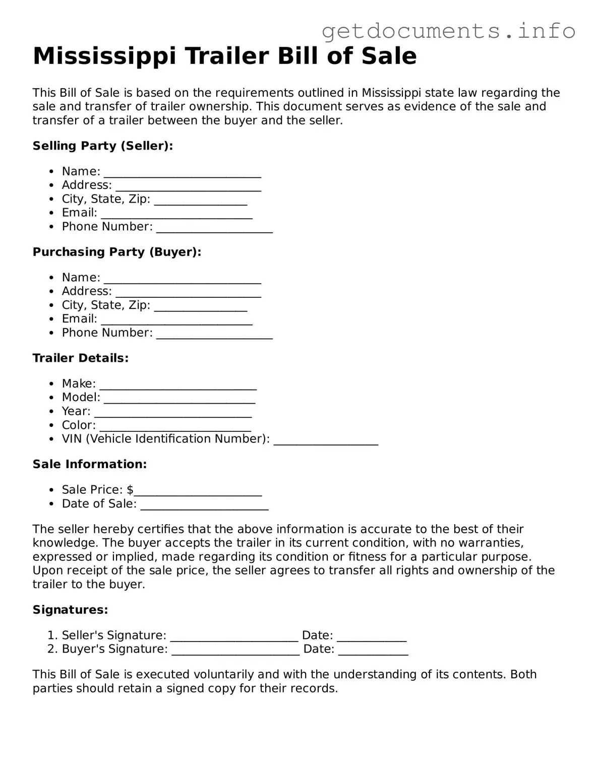 Free Trailer Bill of Sale Template for Mississippi