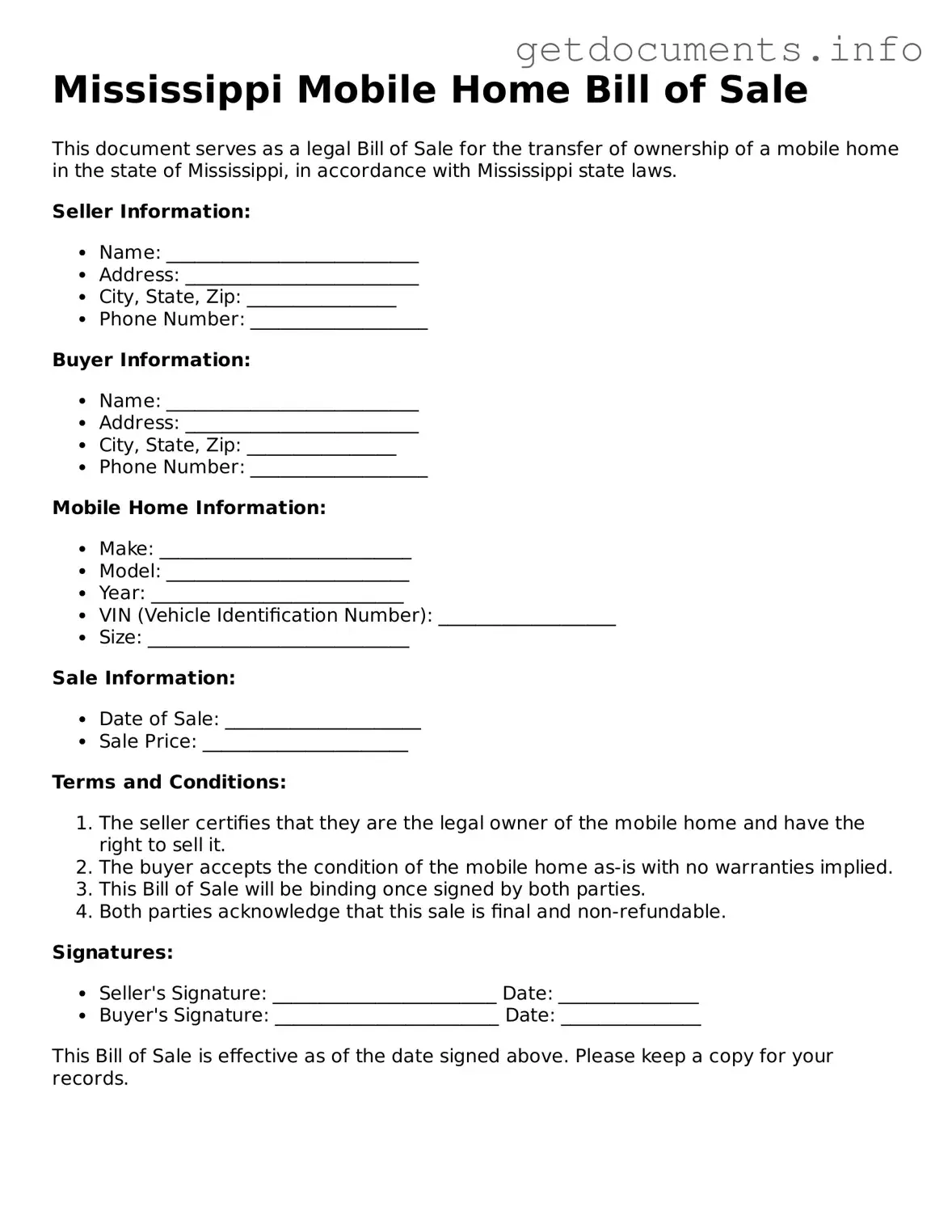 Free Mobile Home Bill of Sale Template for Mississippi
