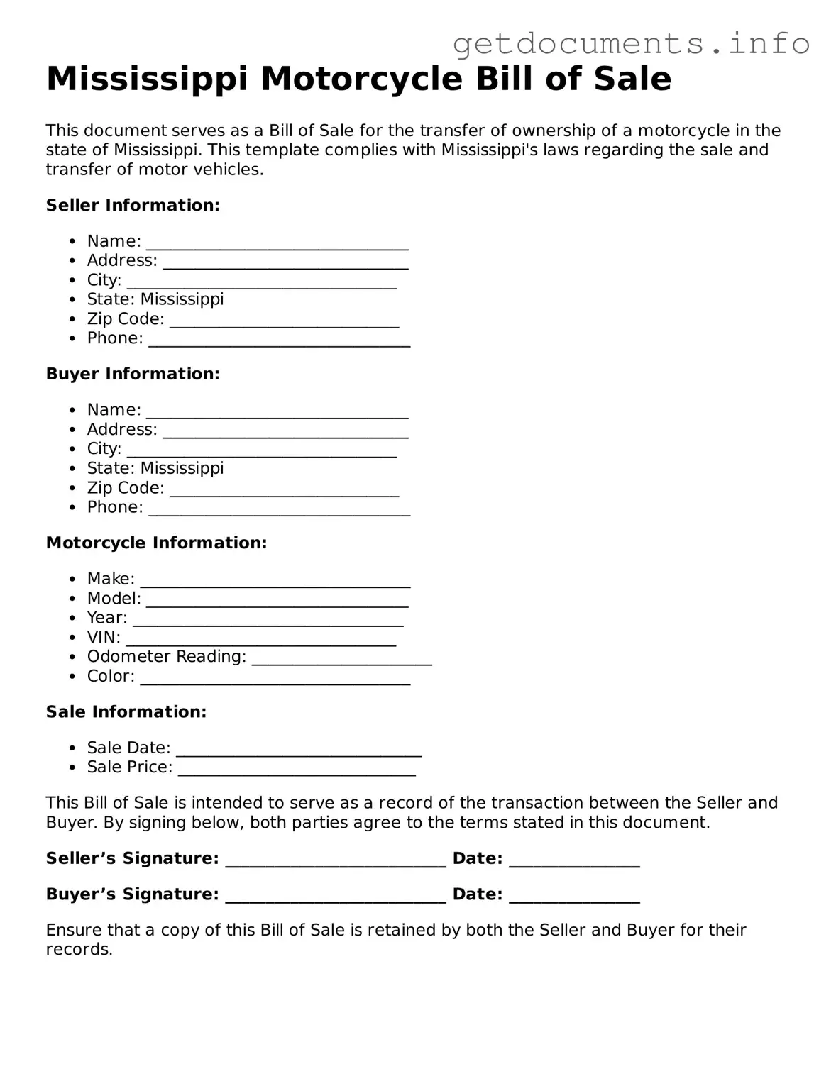 Free  Motorcycle Bill of Sale Template for Mississippi
