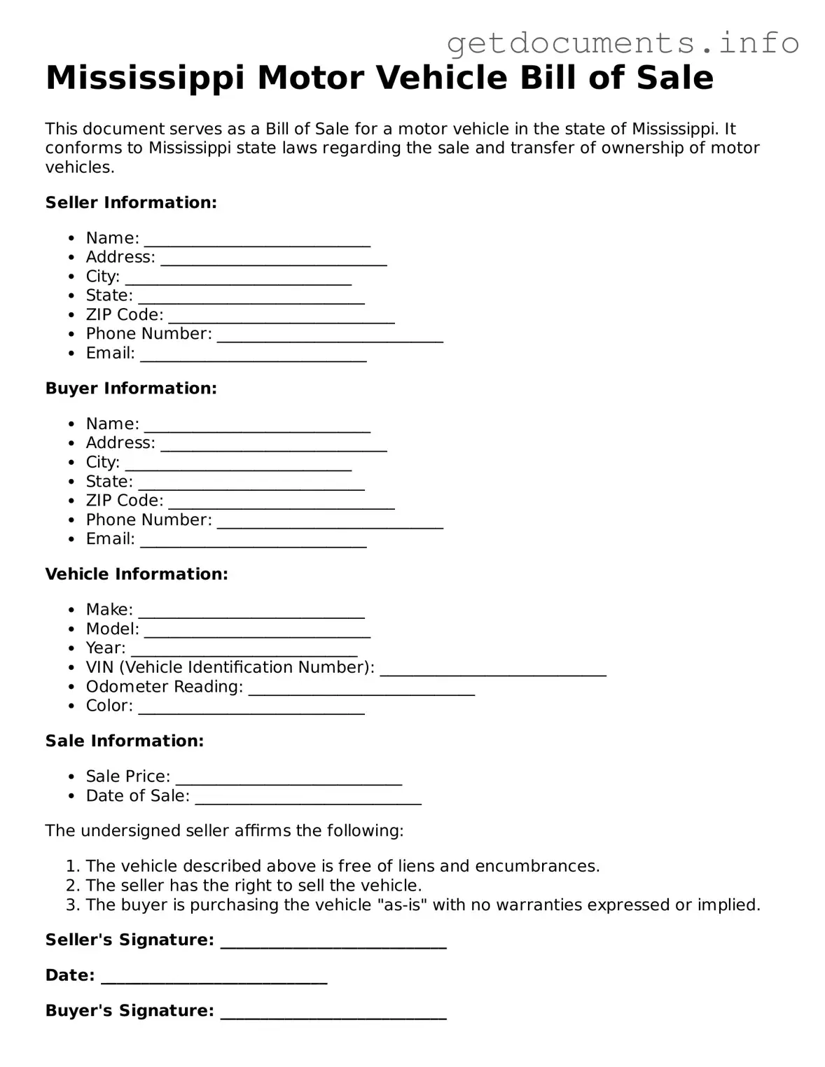 Free  Motor Vehicle Bill of Sale Template for Mississippi