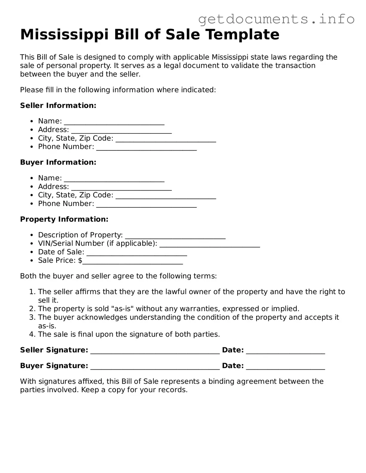 Free  Bill of Sale Template for Mississippi