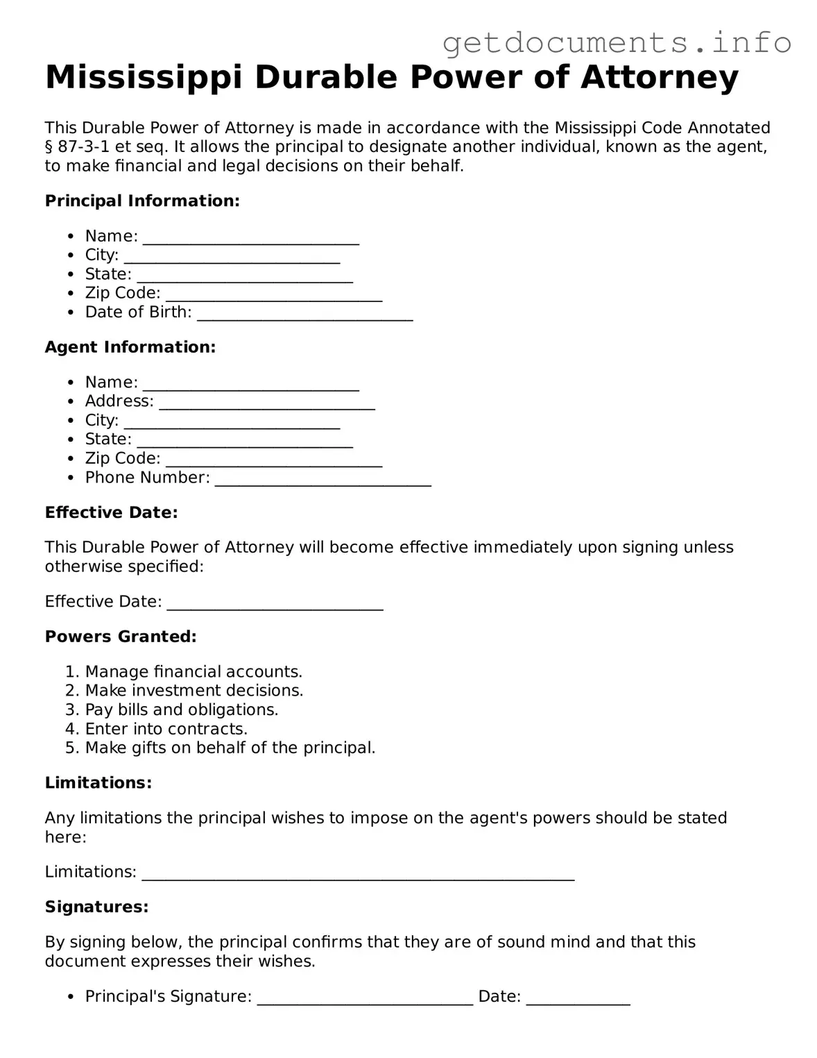 Free  Durable Power of Attorney Template for Mississippi
