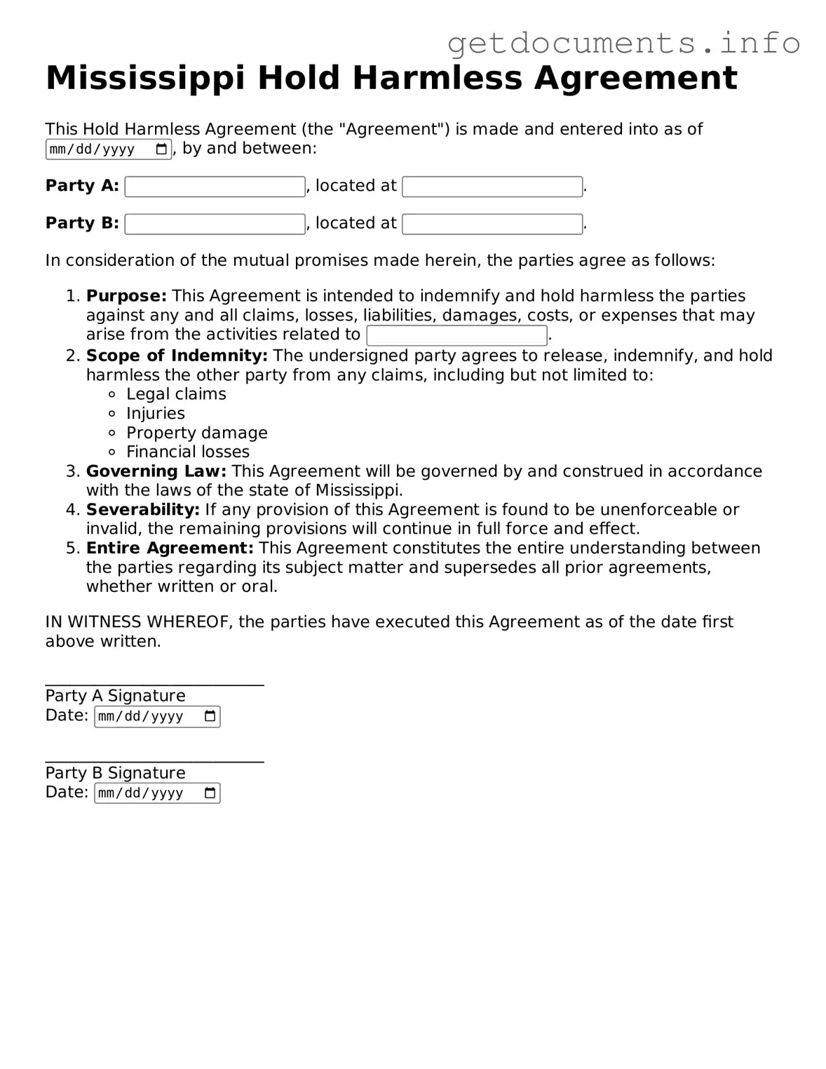 Free Hold Harmless Agreement Template for Mississippi