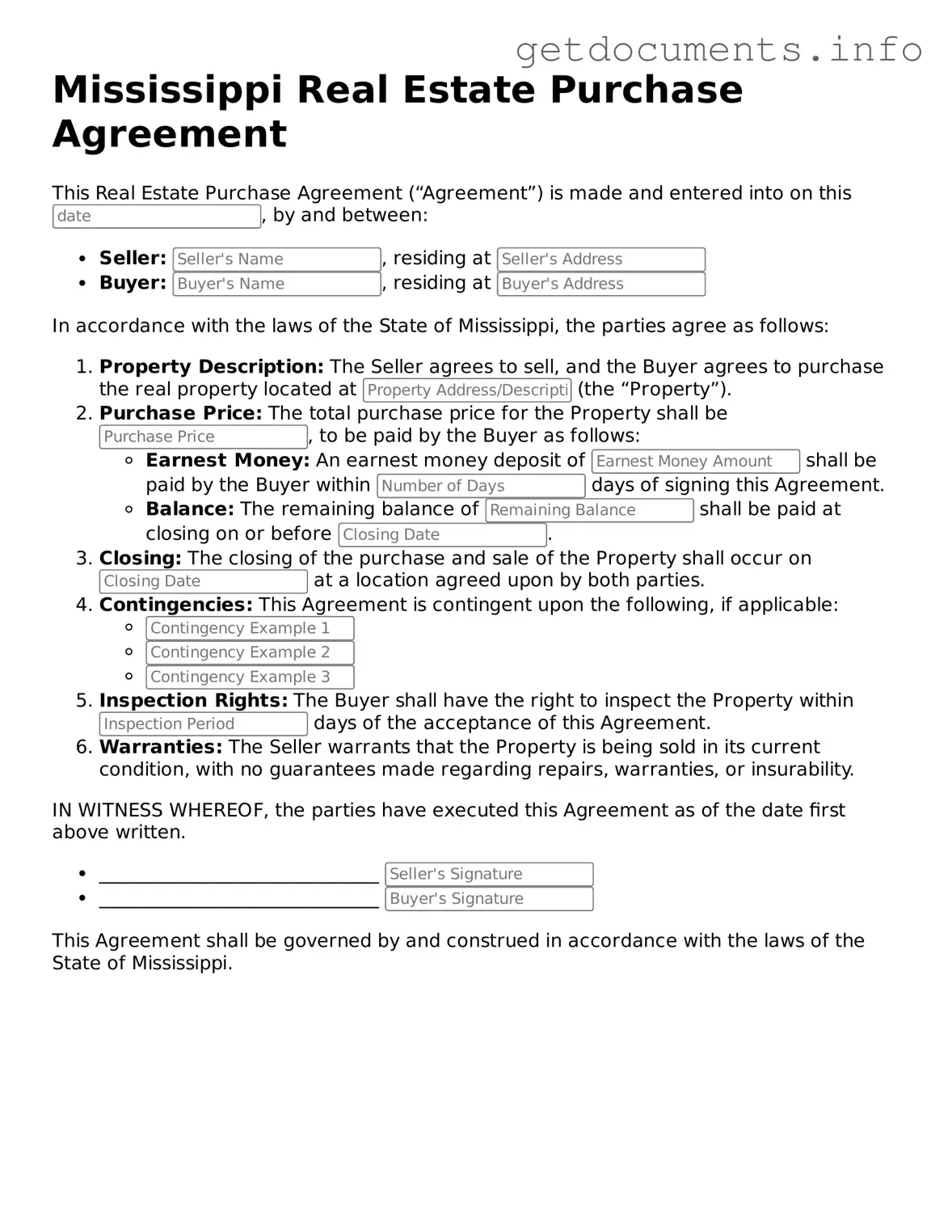 Free Real Estate Purchase Agreement Template for Mississippi