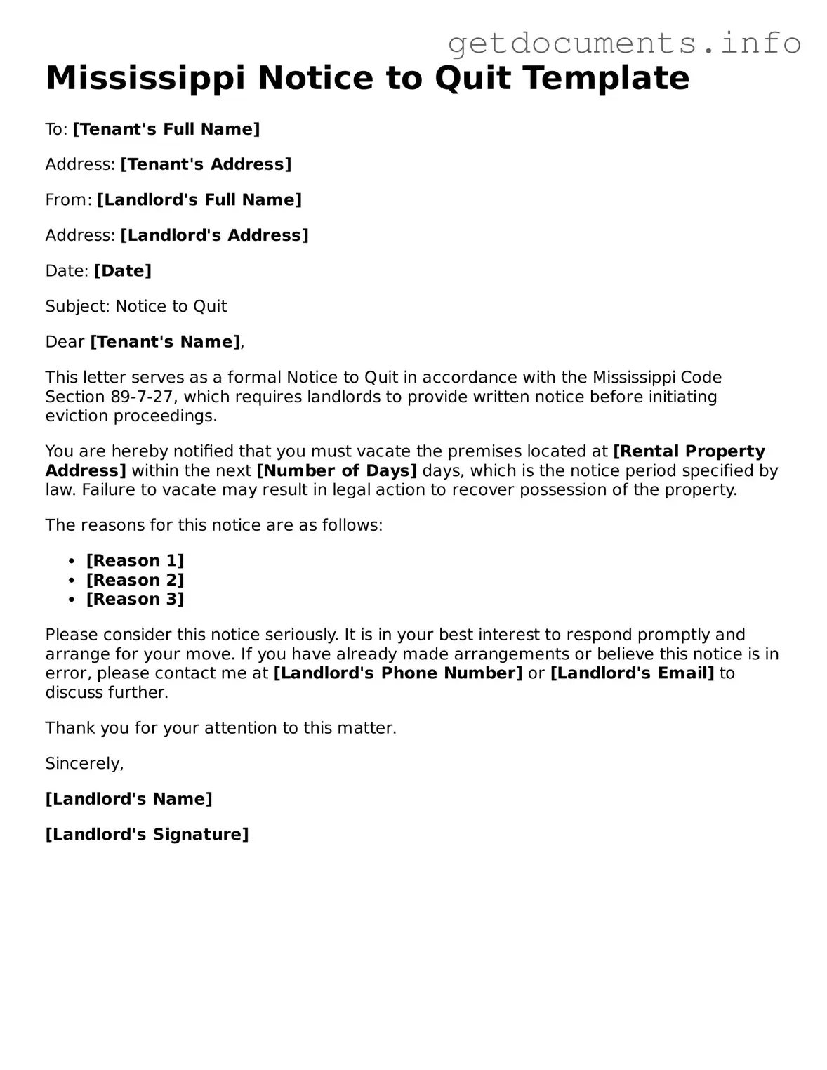 Free Notice to Quit Template for Mississippi