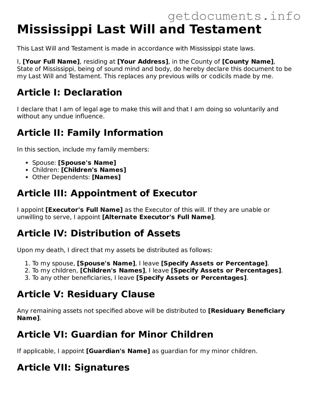 Free  Last Will and Testament Template for Mississippi