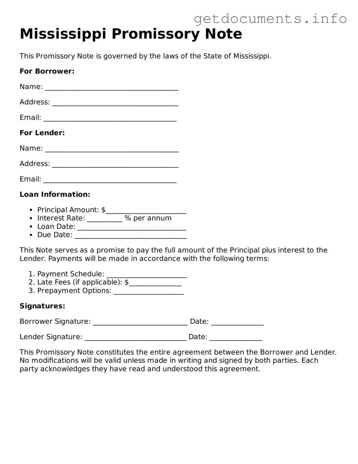 Free Promissory Note Template for Mississippi