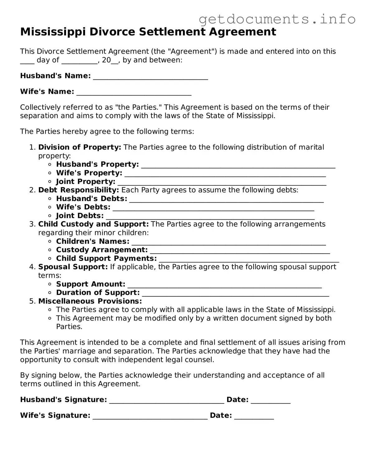 Free Divorce Settlement Agreement Template for Mississippi