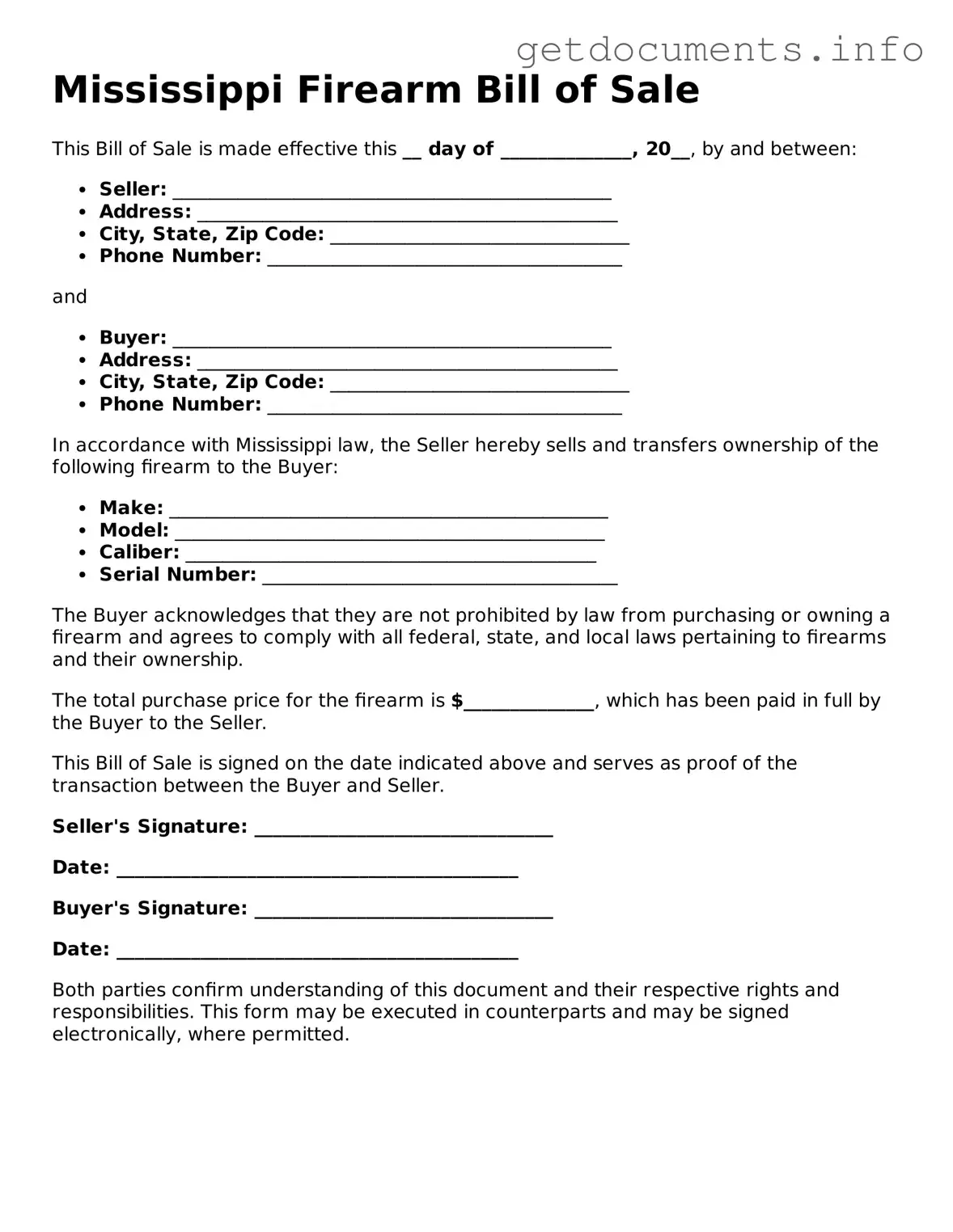 Free Firearm Bill of Sale Template for Mississippi