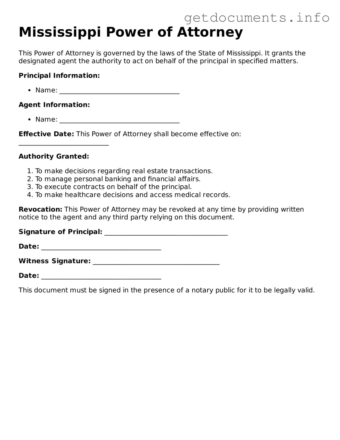 Free Power of Attorney Template for Mississippi