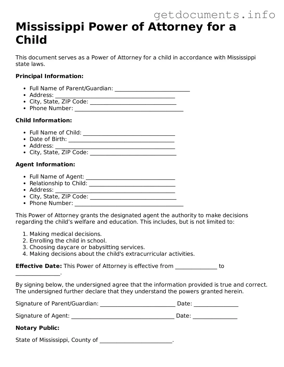 Free Power of Attorney for a Child Template for Mississippi