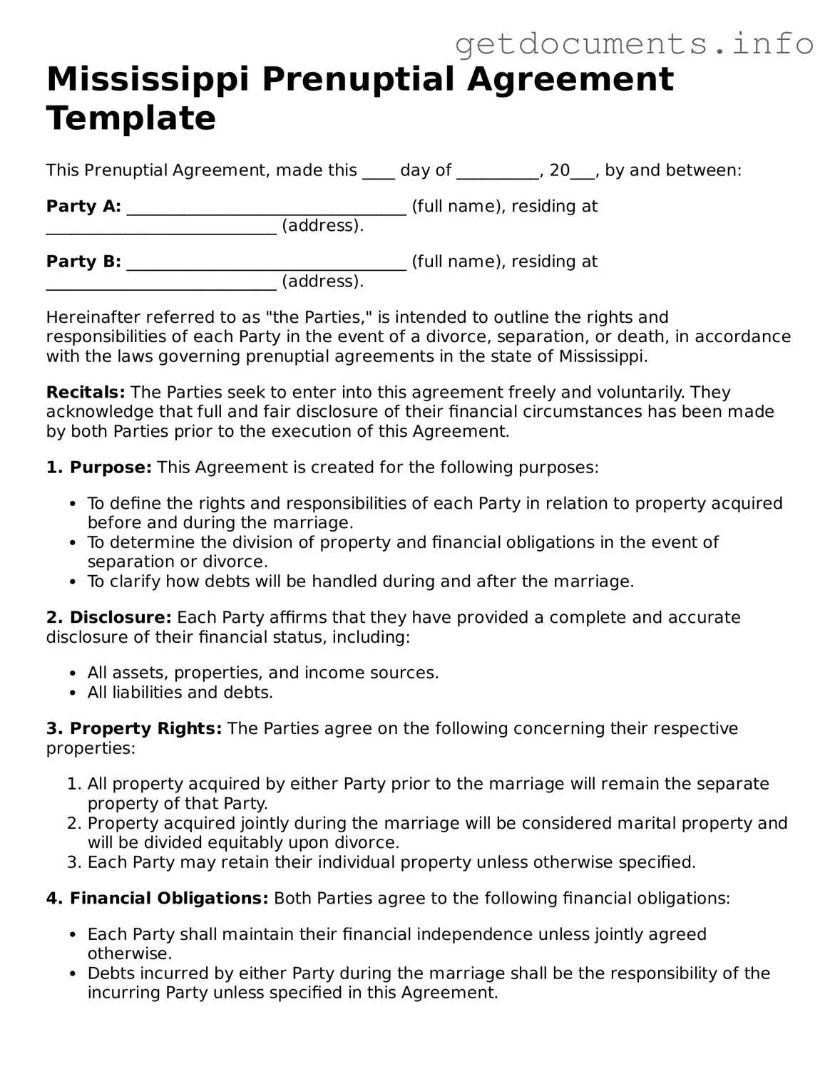 Free Prenuptial Agreement Template for Mississippi