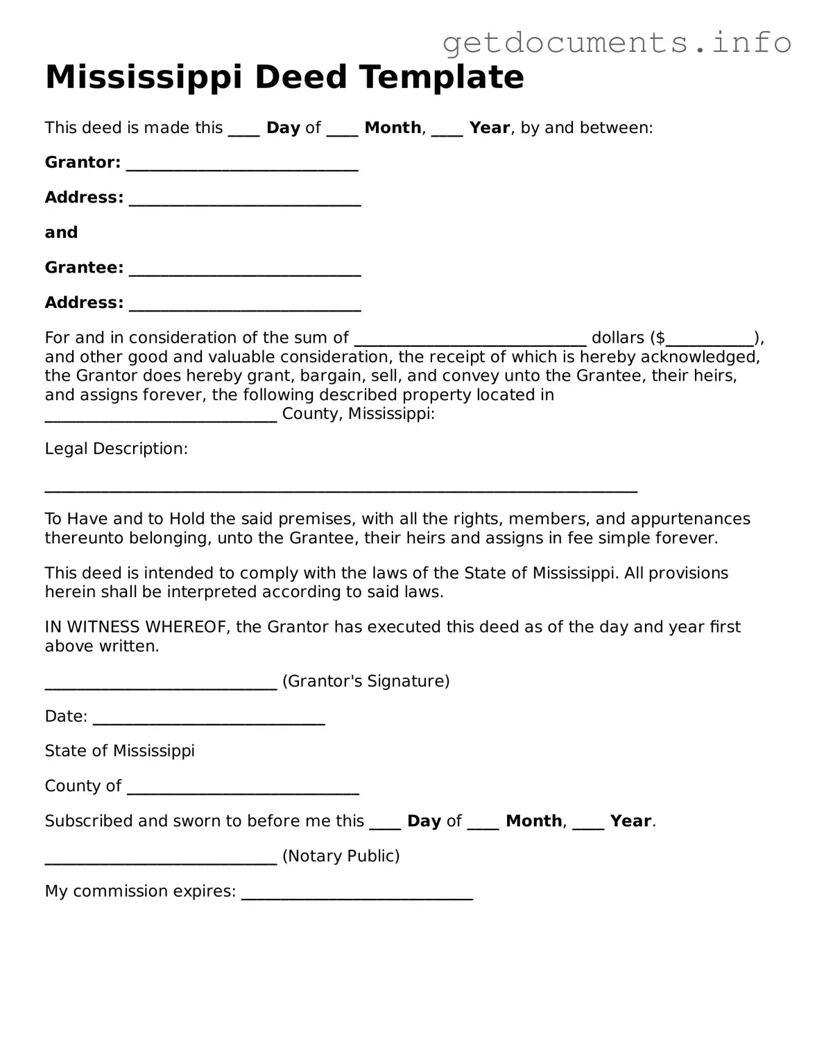 Free  Deed Template for Mississippi