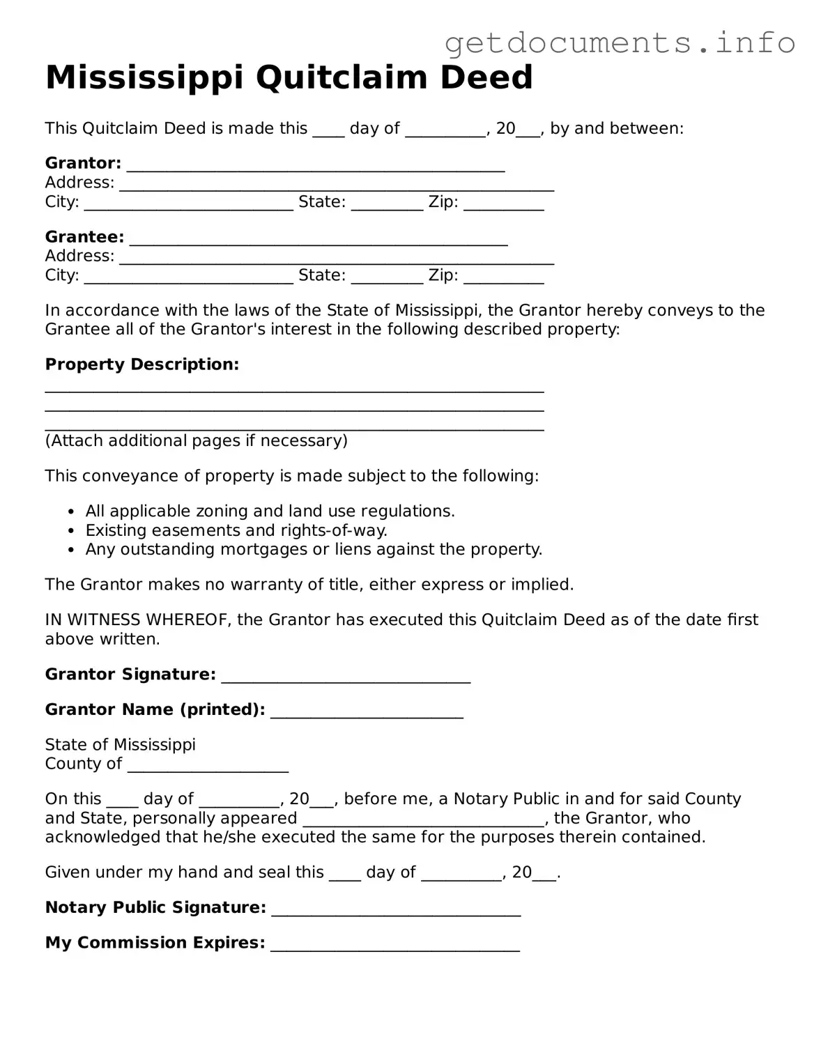 Free Quitclaim Deed Template for Mississippi