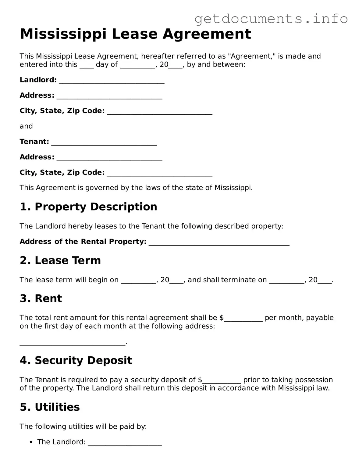 Free Lease Agreement Template for Mississippi