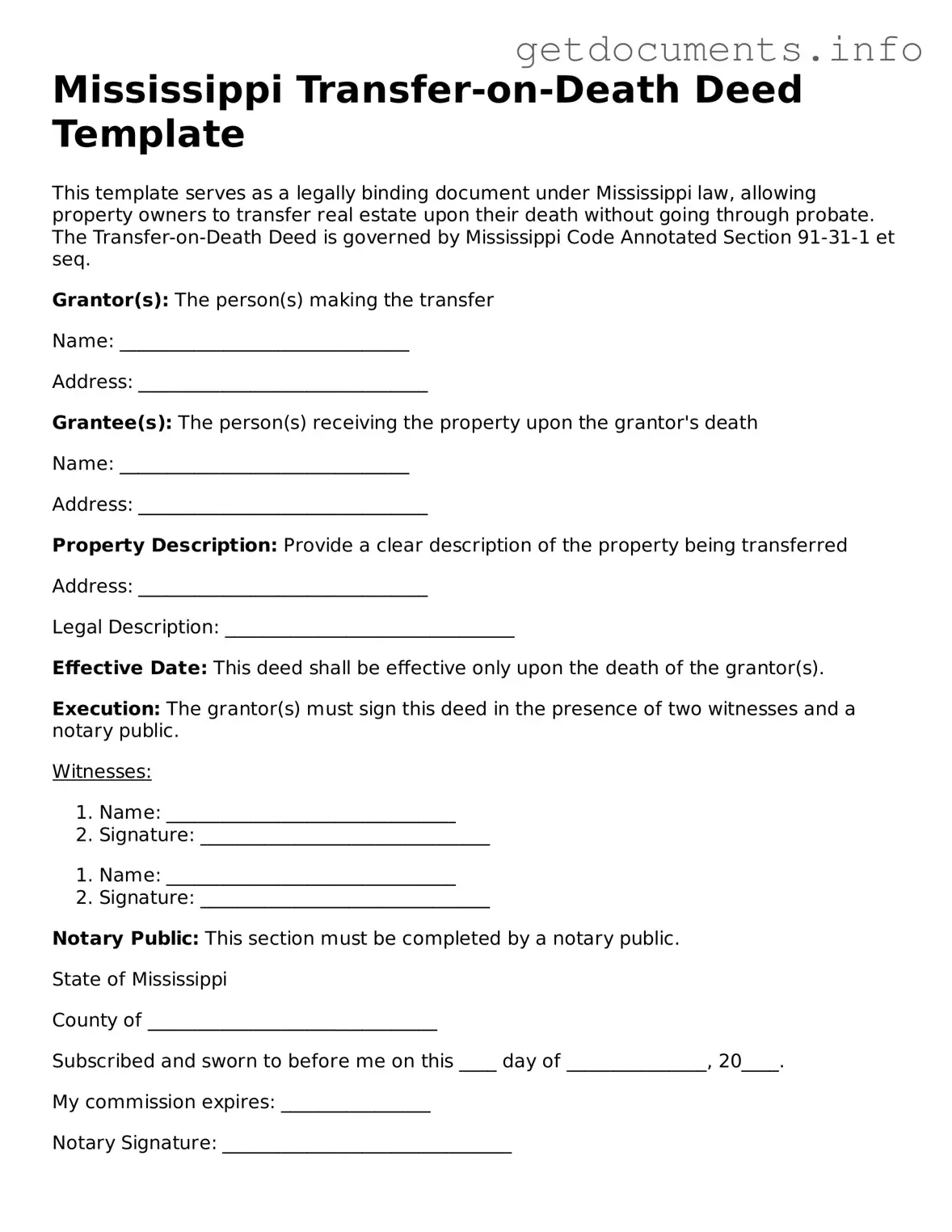 Free  Transfer-on-Death Deed Template for Mississippi