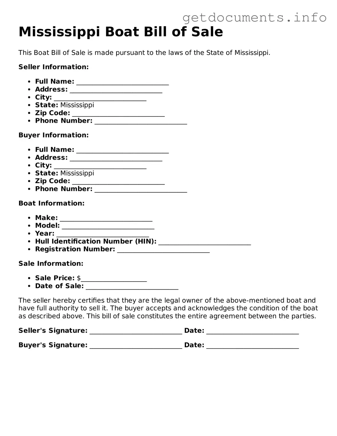 Free Boat Bill of Sale Template for Mississippi