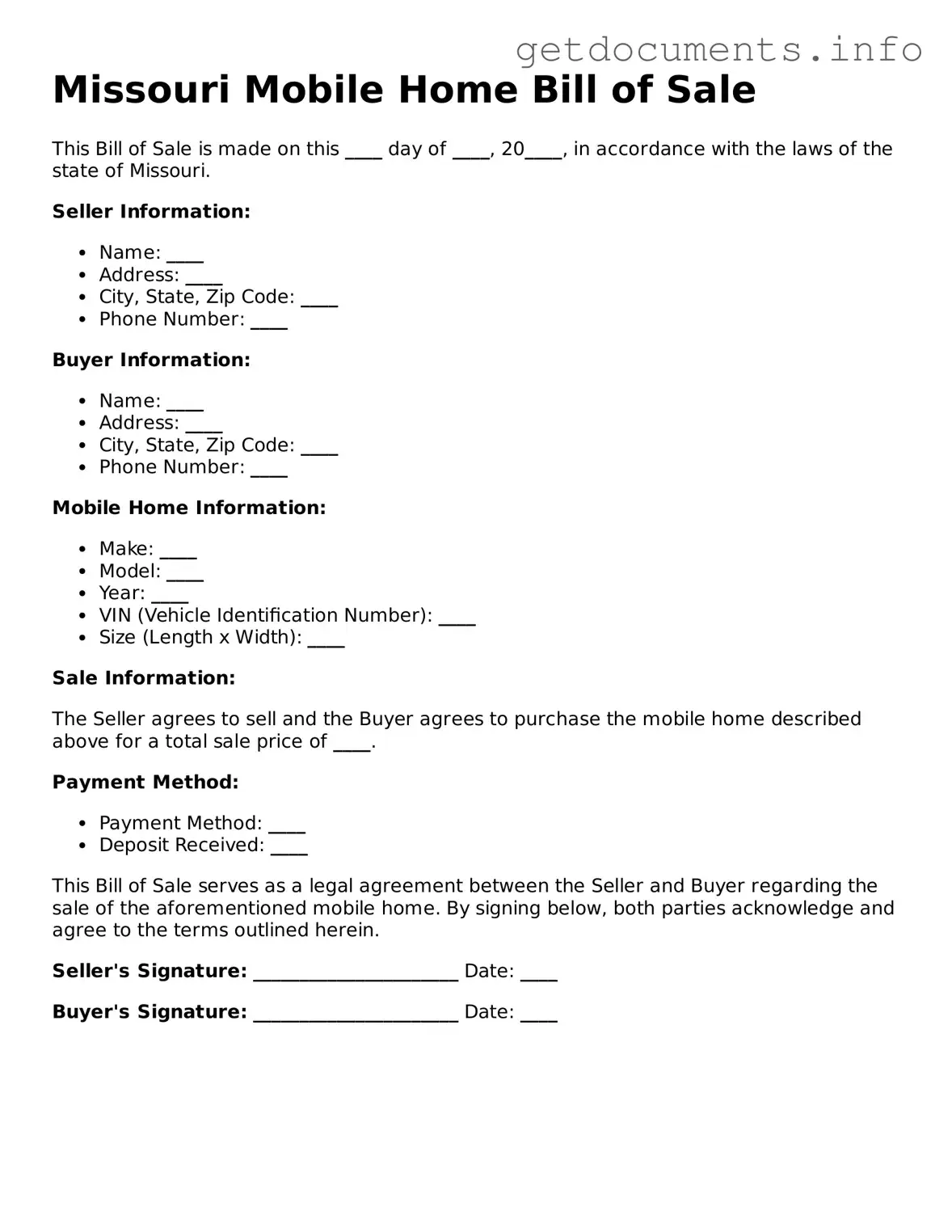 Free Mobile Home Bill of Sale Template for Missouri