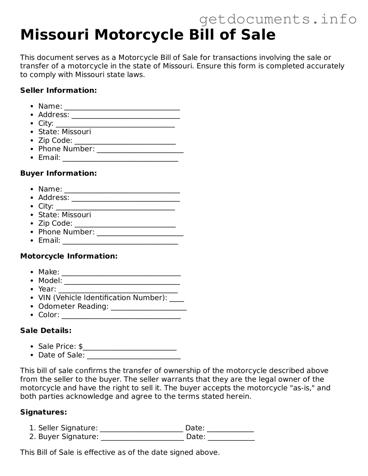 Free Motorcycle Bill of Sale Template for Missouri