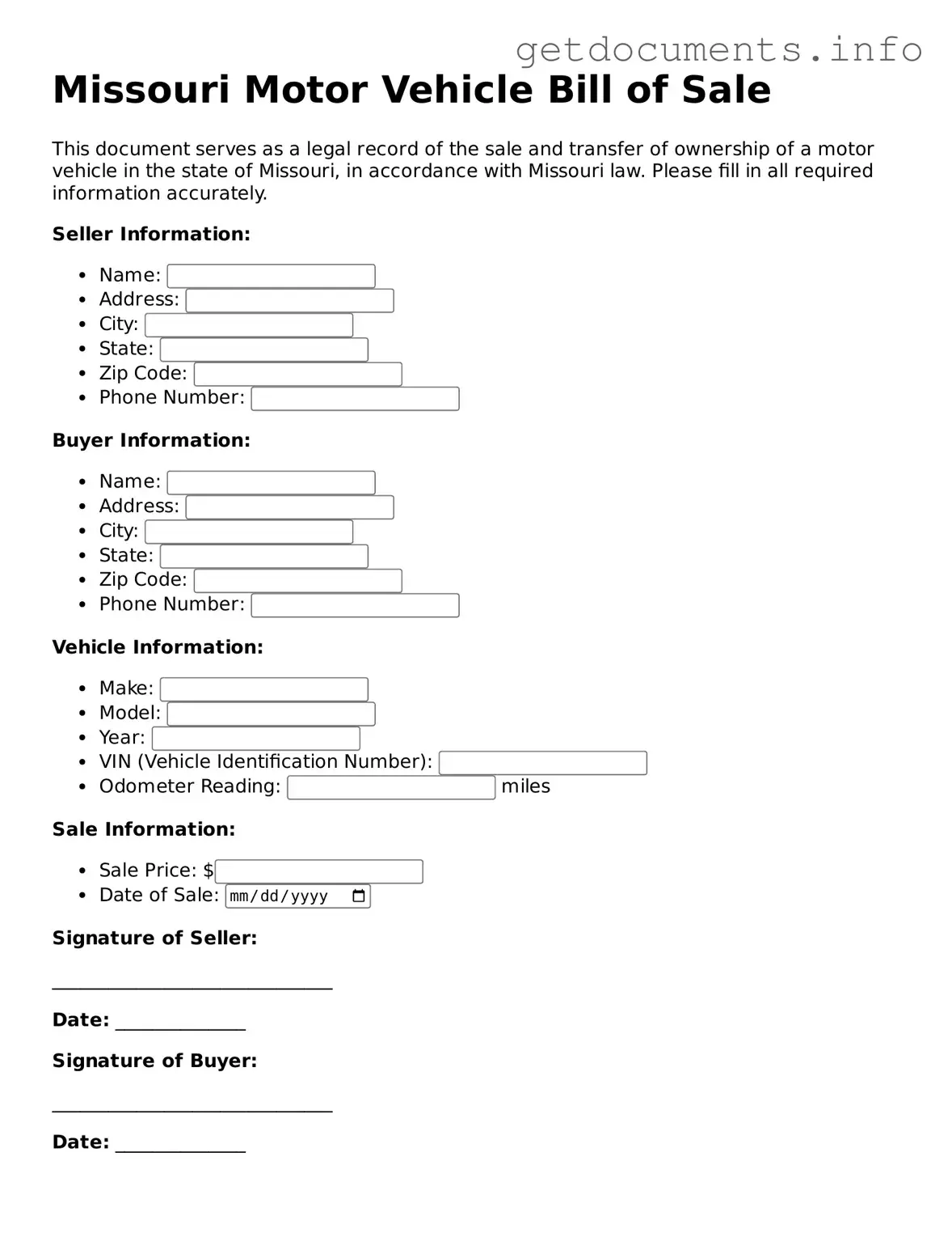 Free  Motor Vehicle Bill of Sale Template for Missouri