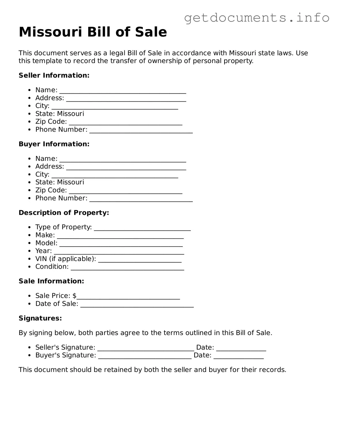 Free Bill of Sale Template for Missouri