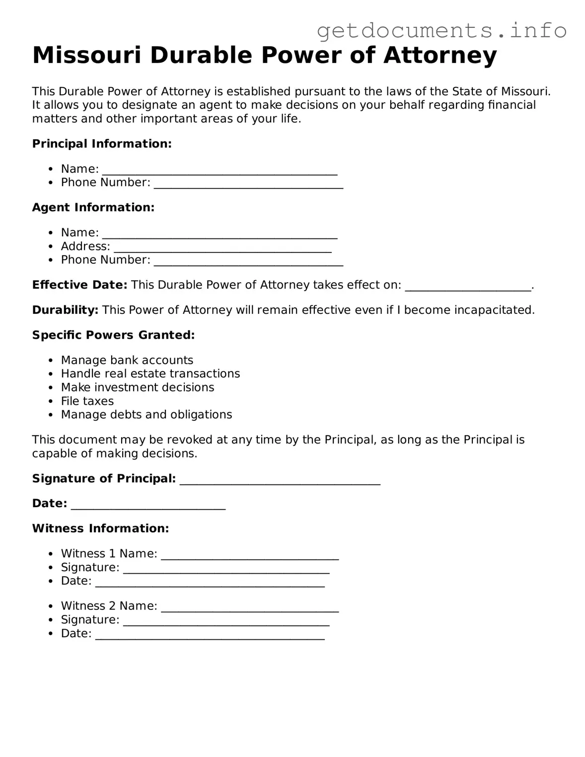 Free  Durable Power of Attorney Template for Missouri
