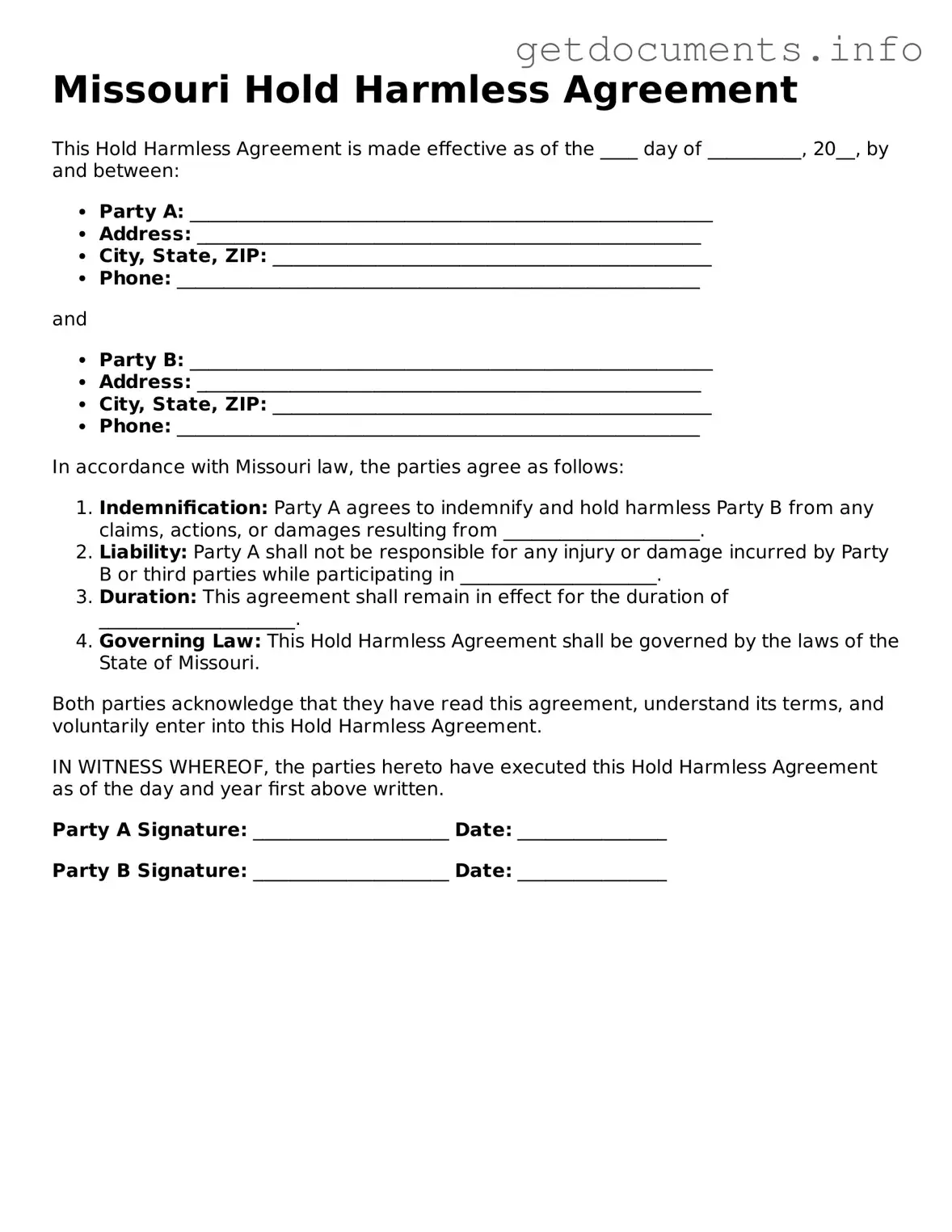 Free  Hold Harmless Agreement Template for Missouri