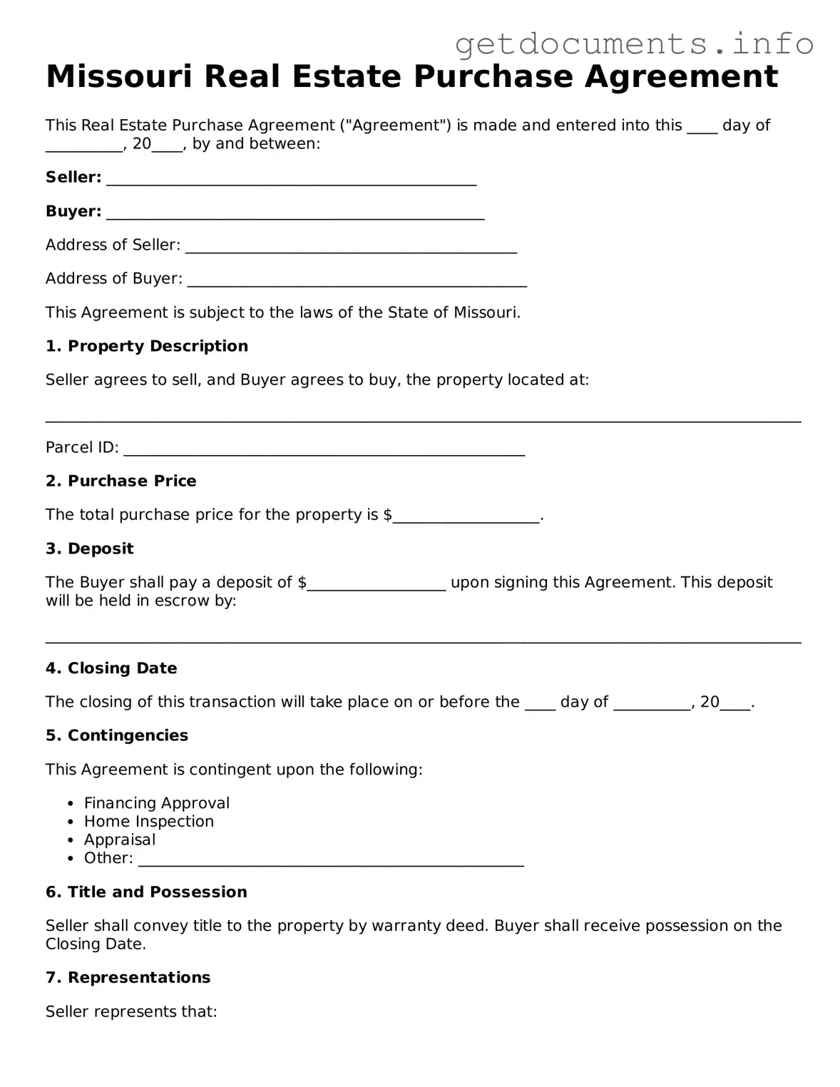 Free Real Estate Purchase Agreement Template for Missouri