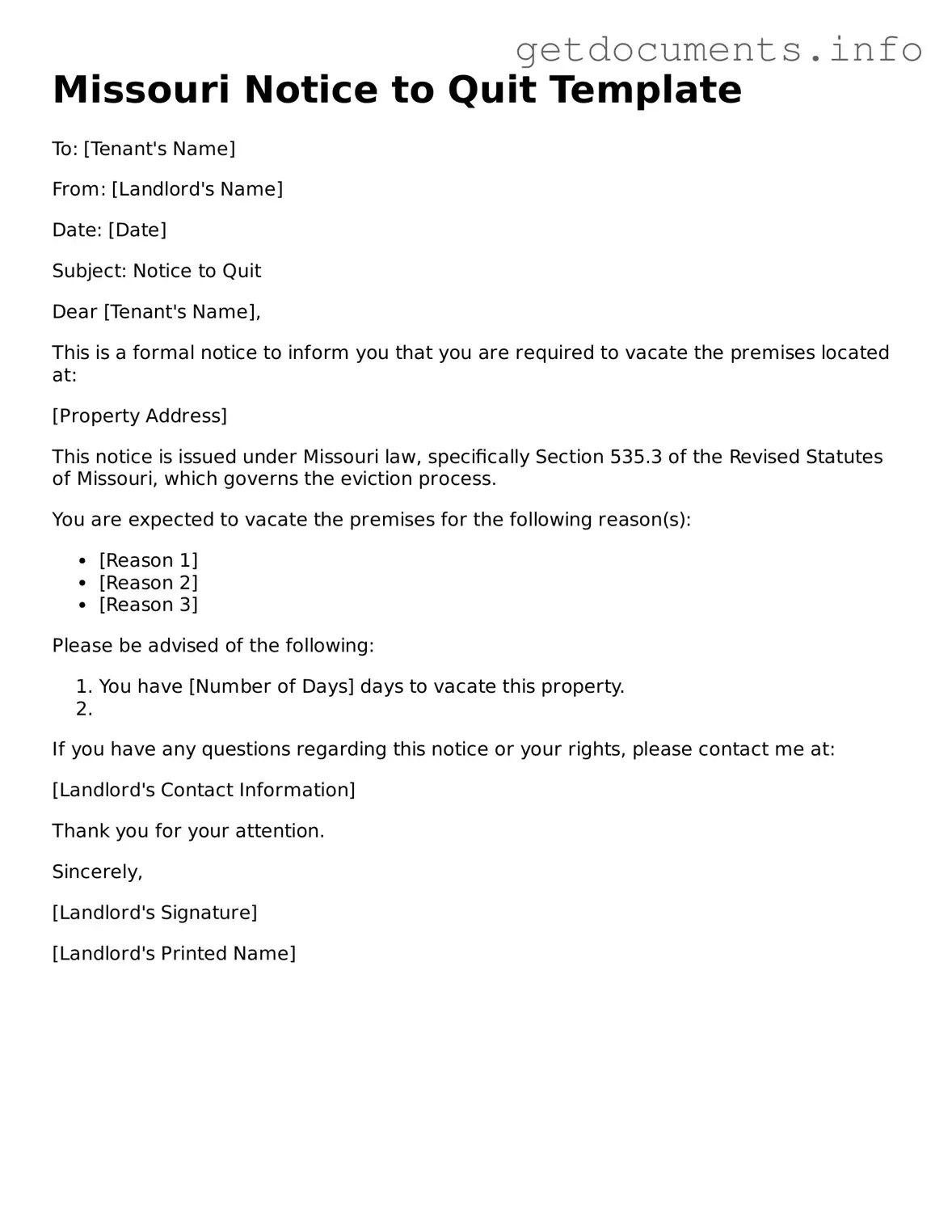 Free  Notice to Quit Template for Missouri