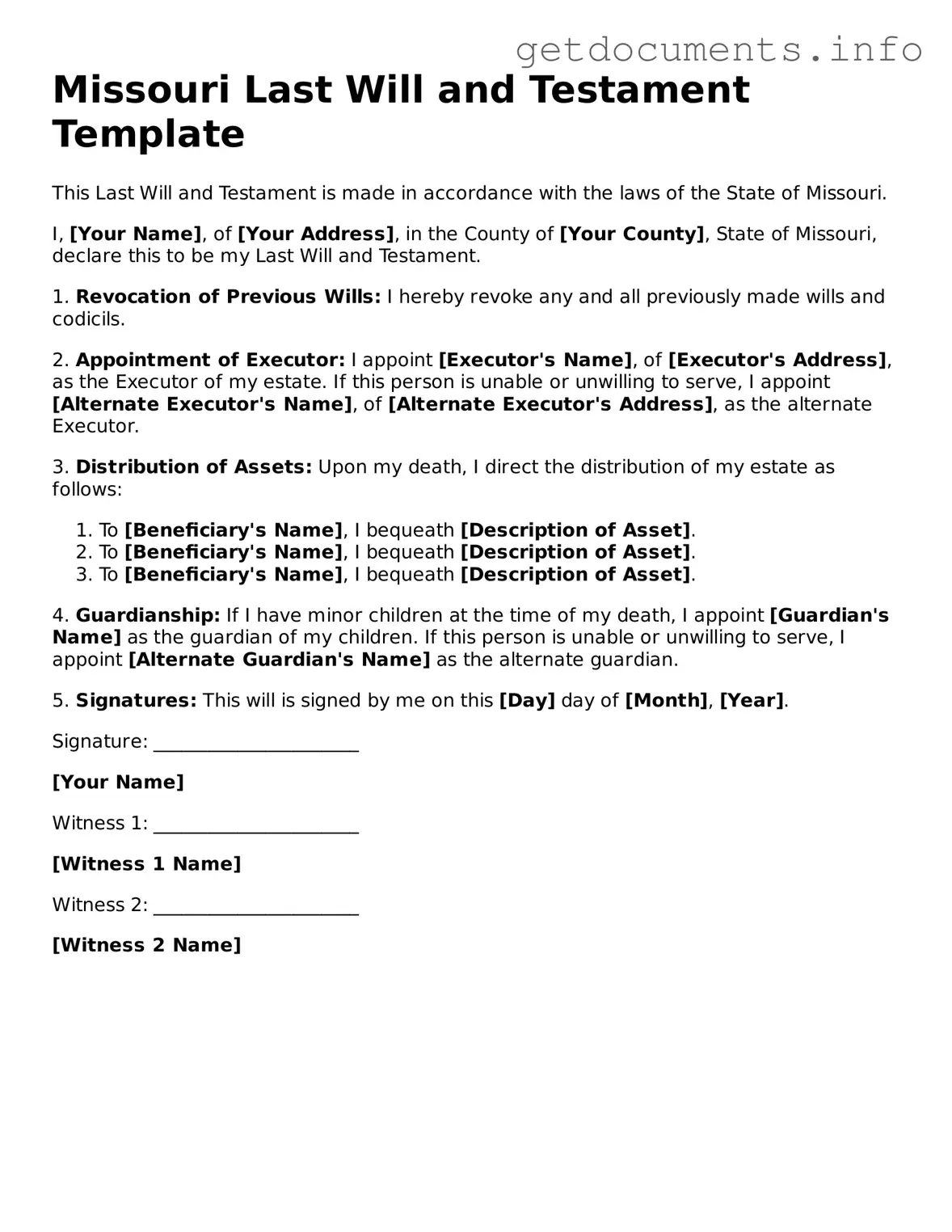 Free  Last Will and Testament Template for Missouri